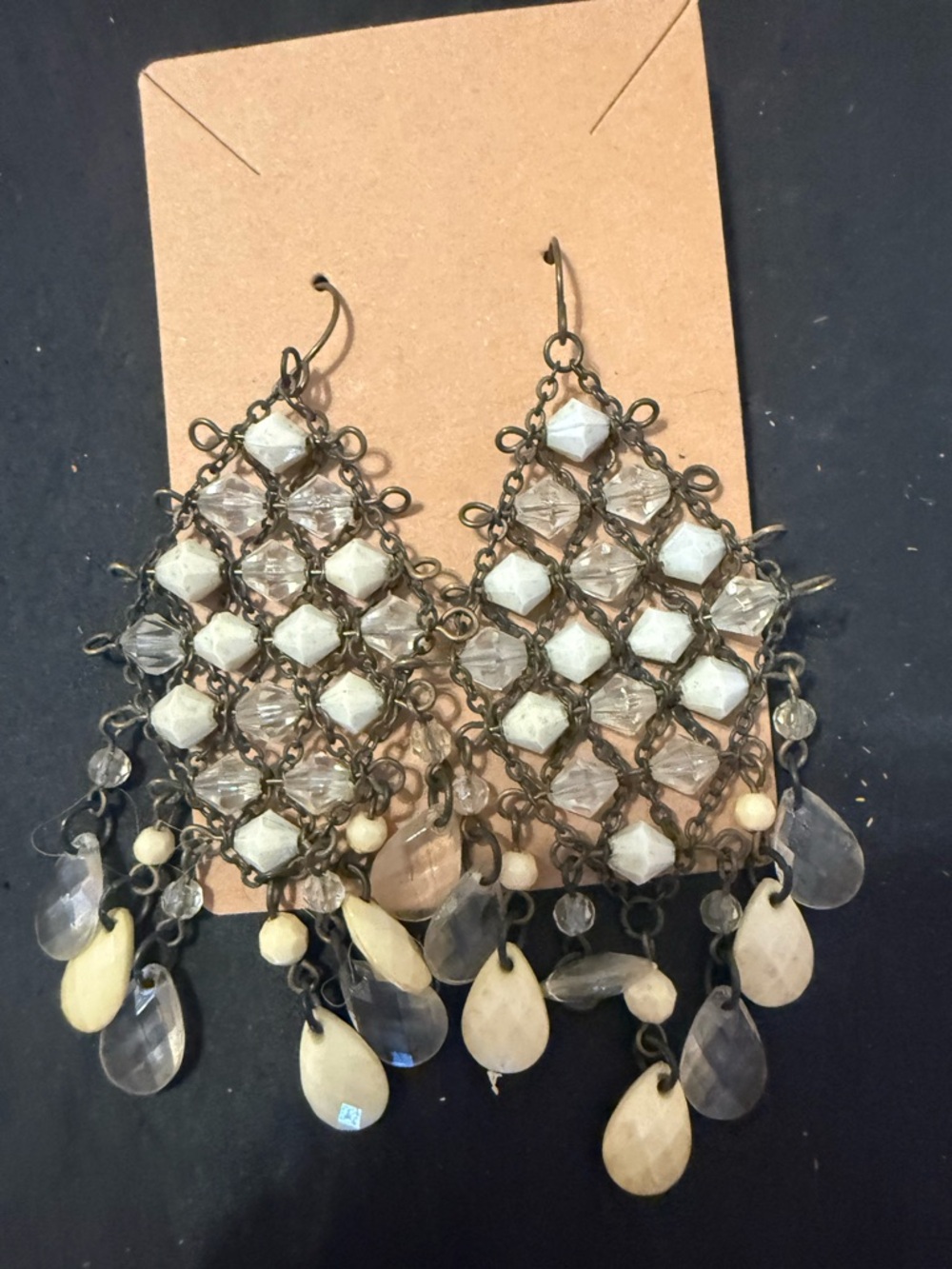 Bohemian Cream and Clear Beaded Chandelier Earrings